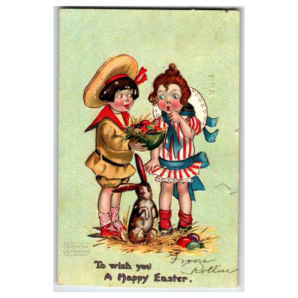 Raphael Tuck Oilette Easter Postcard 1908 Children Bunny Eggs KATHARINE GASSAWAY